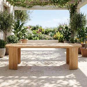 Table de salle à manger d'extérieur moderne en teck massif avec chaises rembourrées, finition naturelle, meubles durables pour jardin, patio, terrasse - Product Image 2