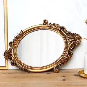 Cour rétro française style baroque or classique lumière luxe résine sculpté miroir de maquillage ovale peut être tenture murale