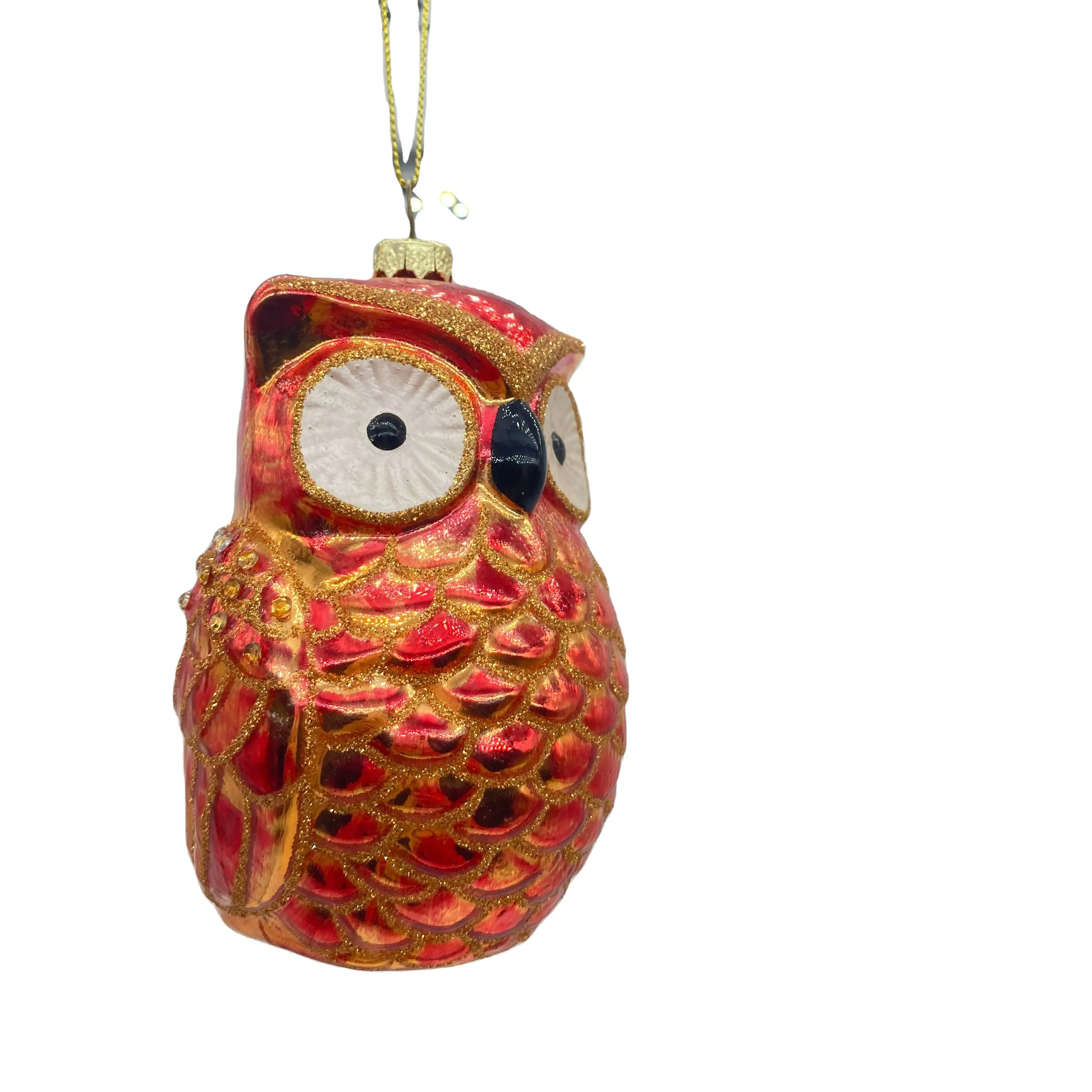 Chengyi Glass Christmas Tree Decoration Glass Hanging Owl Ornaments Gradient Red Blown Custom Glass Figurine Christmas Ornament