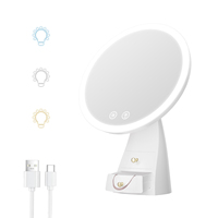 Miroir de maquillage LED rond avec tiroir de rangement, base lumineuse, commande tactile, angle réglable, miroir de vanité rechargeable