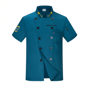 Veste de chef bleue à manches courtes de qualité supérieure, personnalisable, uniforme de restaurant pour hommes, design à double boutonnage, toile 100% - Product Image 1