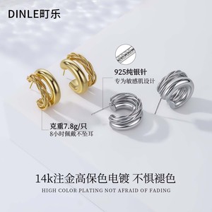 Dinle S925 Sterling Silver Double Hoop <b>Earrings</b> Geometric Design Women's Everyday Wear <b>Fine</b> Jewelry - Product Image 4