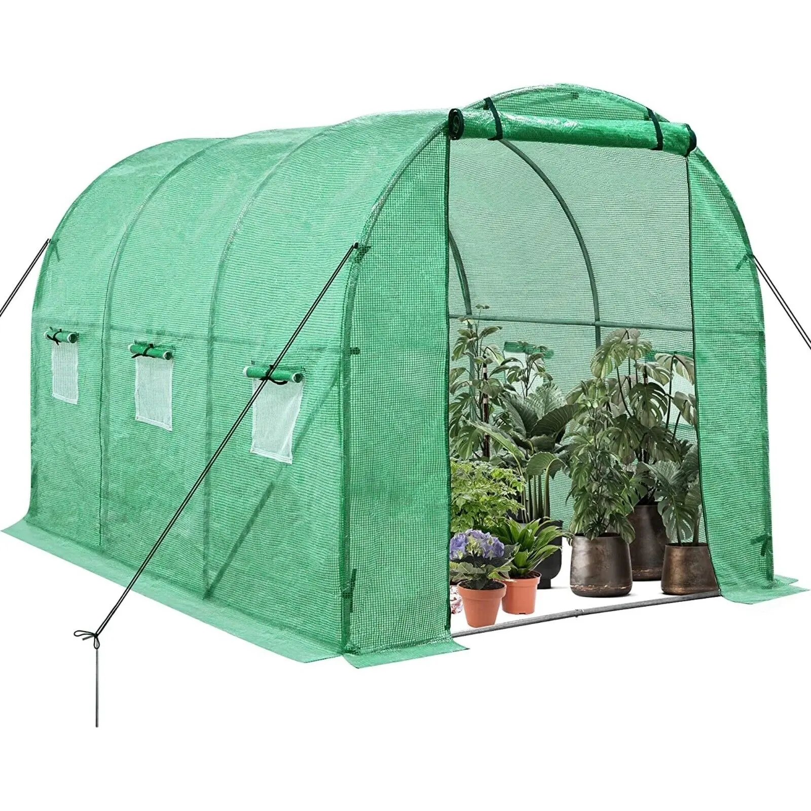 Portable Walking in Greenhouse Large Green Garden Winter Hot House Plants Shed for Outdoors, with 6 windows and roll-up zipper
