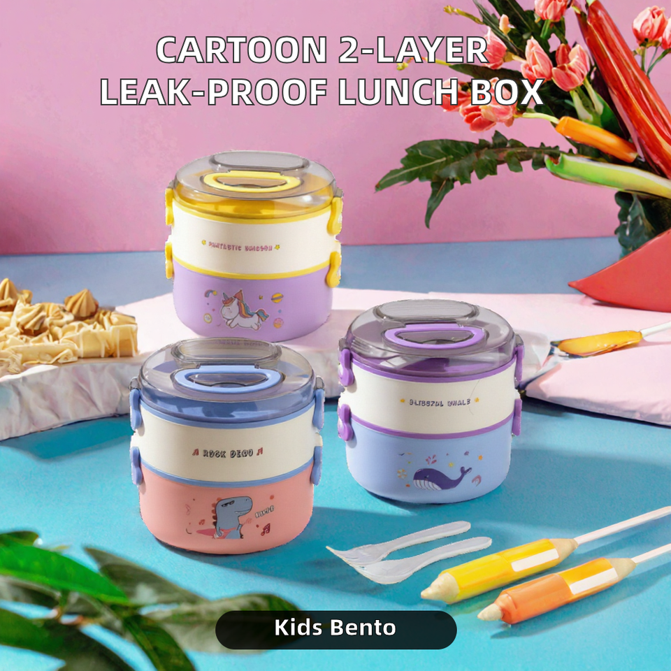 Round Ringo Lunch Box Cartoon Round 2 Tier Lunch Box Plastic Food Container Leak Proof ...