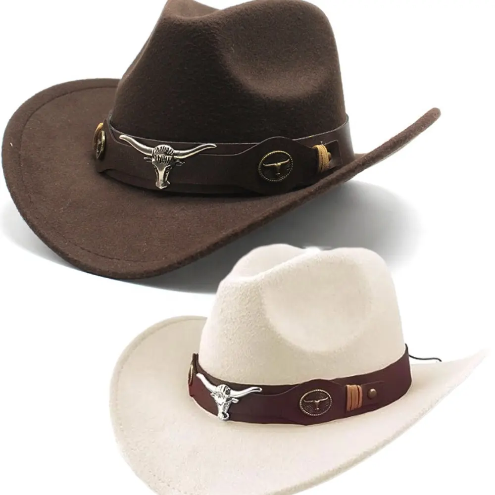 Vente en gros de chapeau de cowboy de luxe en feutre à large bord, uni et vieilli, pour hommes, jazz occidental avec logo personnalisé