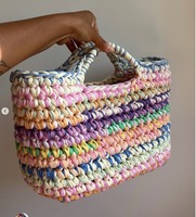 Sac à main coloré arc-en-ciel bohème à rayures en fil de t-shirt avec chaîne, décoration florale faite à la main, grande capacité pour femme - Voyage