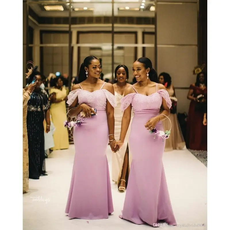 Wholesale Pink Bridesmaid Dress for Black Girls Lace Satin Wedding Gowns African Dress