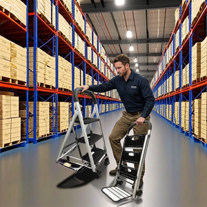 Aluminum 3-<b>Step</b> Folding Ladder with Wheels Modern Design Portable <b>Step</b> Stool for Home School Warehouse & Supermarket Use - Product Image 4