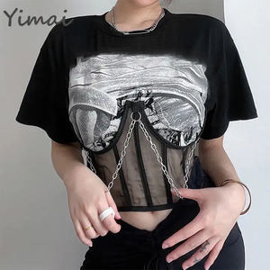 Top Corto Estivo in Rete con Catena Metallica e Stampa Lettering, Stile <span class=keywords><strong>Punk</strong></span>, Moda Streetwear, <span class=keywords><strong>T</strong></span>-Shirt da Donna Personalizzabile all'Ingrosso - Product Image 3