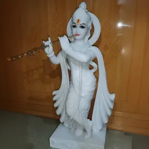Hot Sale Custom Size Hand Carved Hindu God White Marble Krishna Statue With Flute