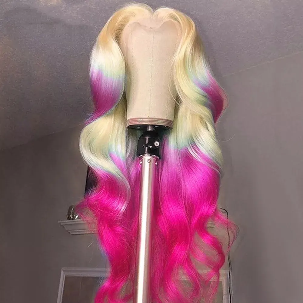 Ombre Colored 613 Human Hair 2 Tone Rainbow Human Hair Wigs HD Lace Frontal Wigs, Pink Bule Yellow Red Ombre Swiss Lace WIgs