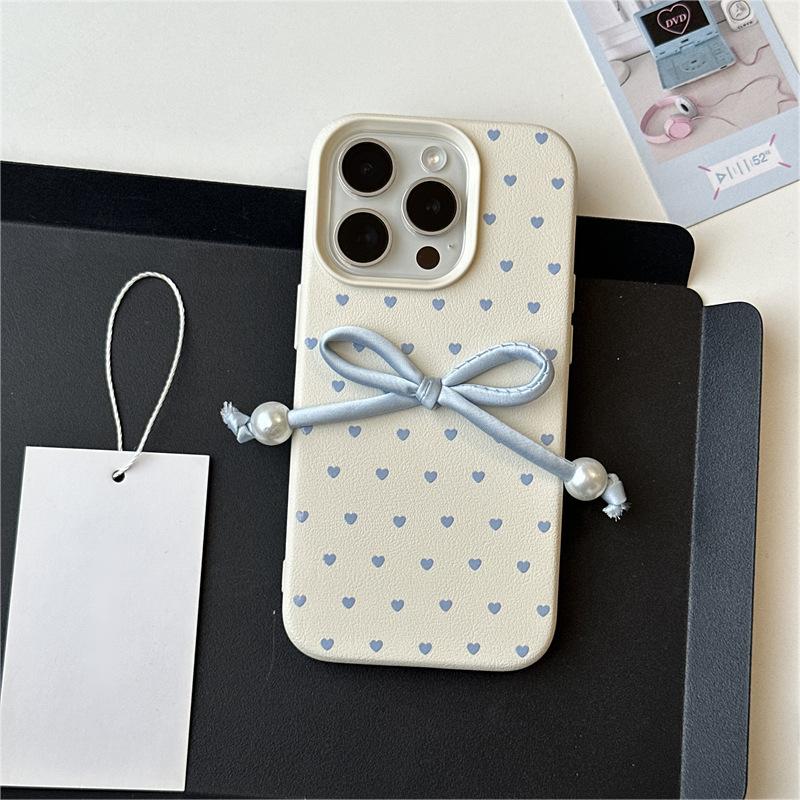 Leather Texture Case - Blue Heart Bow