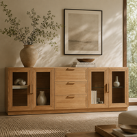 Buffet moderne de luxe 90 pouces en bois clair avec 3 portes vitrées et tiroirs centraux pour projets de villas et d'hôtels - Fabricant OEM/ODM