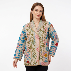 Floral Embroidered <b>Tweed</b> Blazer With Shawl Collar Full Sleeve Handmade Design Spring <b>Women's</b> <b>Jacket</b> - Product Image 1