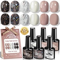 Kit de vernis gel en résine 6 couleurs pour nail art, soak-off UV/LED, avec poudre nude, blanc laiteux, noir à paillettes, noir argenté, effet atmosphère brisée