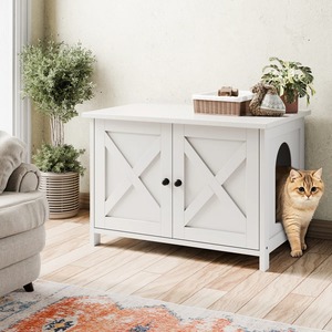 Современный кошачий туалет-шкаф с двойными дверцами и контролем запаха, скрытый лоток для кошек, приставной столик для домашних кошек - Product Image 1