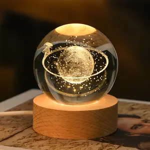 Lâmpada de madeira luminosa K9 Art para sistema solar personalizado, bola 3D de cristal celeste com estrela, base criativa para noite