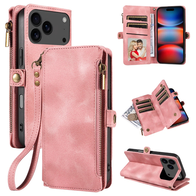 PU Leather Wallet Phone Case for iPhone 17 Pro Max, 9 Card Slots + Zipper Coin Pocket, Kickstand, RFID Blocking, 360° Protection