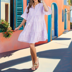 Robe courte rayée ample à manches volantées, col à revers, taille élastique, décontractée, été, en coton tissé et fibre de bambou respirante - Product Image 2