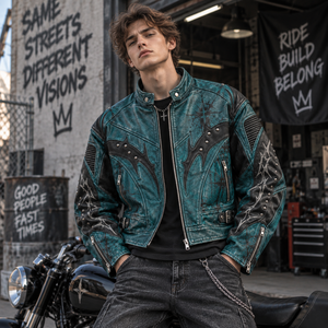 Blouson de motard personnalisé pour homme en cuir PU délavé, clouté et brodé, zippé, style gothique streetwear, vente en gros B2B OEM - Product Image 2