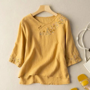 Chinese Style Embroidered <b>Shirt</b> Purple Cotton Linen Three Quarter Sleeve Top Everyday Wear - Product Image 4