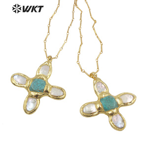 Collar con colgante de turquesas con forma de cruz de perlas, gargantilla de oro galvanizado, piedra verde, WT-JN169, venta al por mayor - Product Image 3