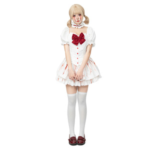 Gothic Bloody <b>Doll</b> Costume Lolita Maid Outfit White With Red Bow Stage Performance Cosplay Costume For Halloween Anime Role <b>Play</b> - Product Image 1