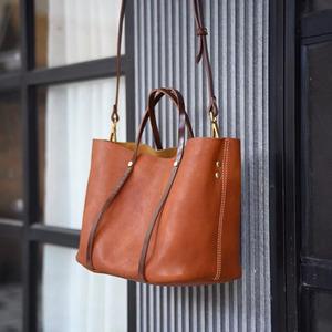 Soft Leather Tote <b>Bag</b> Bucket Type Vegetable Tanned Cowhide Large Capacity Everyday Commuter <b>Bag</b> Normcore Minimalist Style Brown - Product Image 1