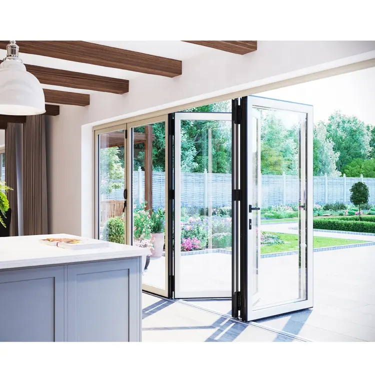 Acordeón plegable de aluminio, puertas plegables de doble cristal para interior y patio
