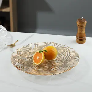 Круглая Золотая стеклянная тарелка с гальваническим покрытием