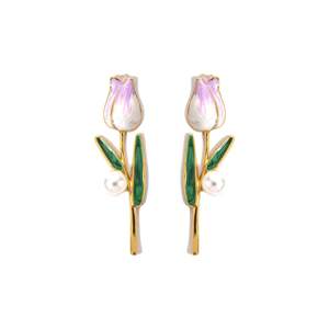 Boucles d'oreilles en forme de tulipe plaquées or, acier inoxydable 316L, avec perle et fleurs en émail, bijoux tendance pour femmes - Product Image 1