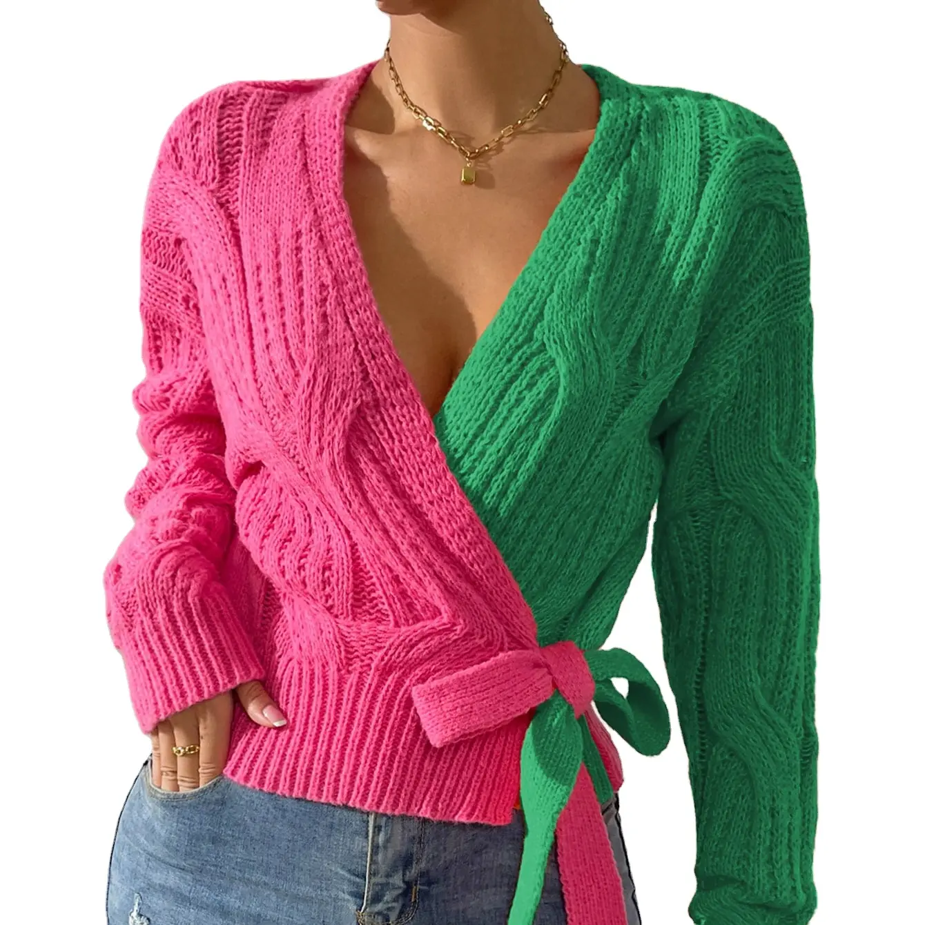 Benutzer definierte OEM ODM Hersteller Frauen Color block Multi color Pullover gestrickt Sorority rosa grün Cardigan
