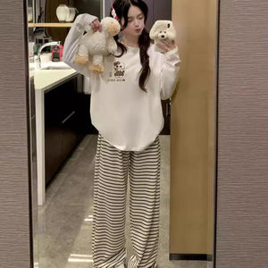 Figura de red 2025, pijamas de primavera y verano, traje de mujer, <span class=keywords><strong>ropa</strong></span> de <span class=keywords><strong>casa</strong></span>, estampado de leopardo blanco, pantalones finos KT de doble longitud - Product Image 2