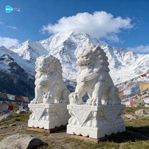 중국 야외 실물 크기 화강암 푸 도그 백색 대리석 수호사자 조각상 - Product Image 4