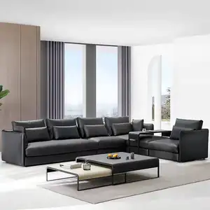 Canapé en cuir italien noir, ensemble haut de gamme, moderne, doux et confortable avec coussins en duvet, meubles de luxe pour loisirs, salon