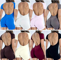 Combinaison de yoga côtelée à manches courtes pour femme, haute qualité, contrôle du ventre, effet push-up, sans couture, extensible