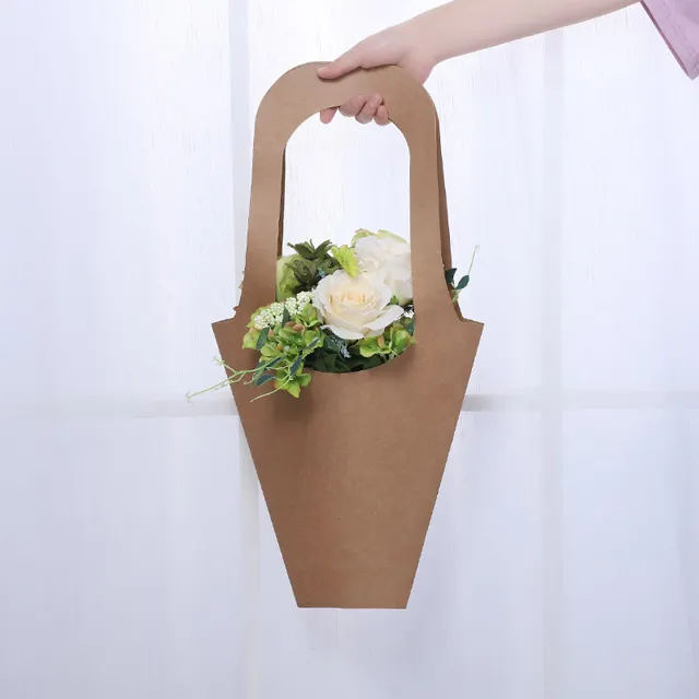 Großhandel Florist Geschenk verpackung Handtasche Logo Floral umwelt freundliche Faltung tragen braune Kraft papier Blumen tasche