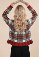 Cardigan à carreaux de Noël pour femme, pull en maille à manches longues avec ourlet à volants et nœud papillon, haut décontracté pour les fêtes