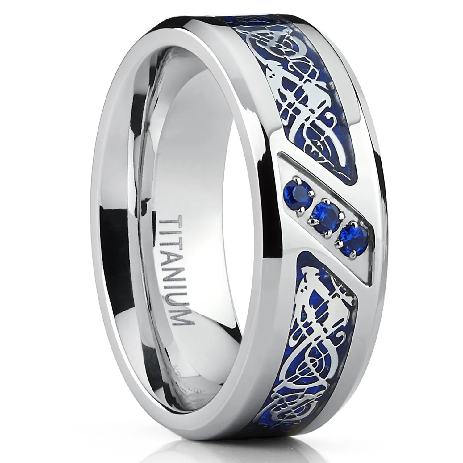 Titanium Ring for Men Women Blue Cubic Zirconia CZ Inlay Fashion Eternity Engagement Wedding Band Celtic Knot Dragon