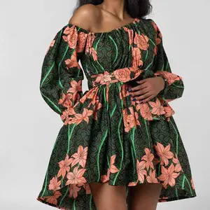 인쇄 패션 긴팔 아프리카 의류 드레스 대각선 어깨와 벨트 인도네시아 스커트