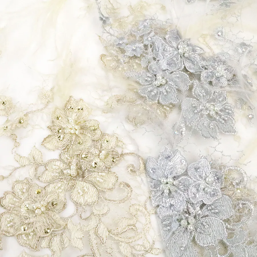 Tela textil de lentejuelas, tejido bordado de guipur de encaje con cuentas blancas para vestido de noche de fiesta, venta al por mayor