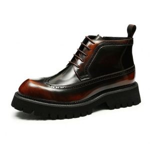 Men's Ankle English-style Leather Engraved Brogue <b>Boots</b> Shiny Thick Soles Height Increasing for Autumn/Winter Business Casual - Product Image 3