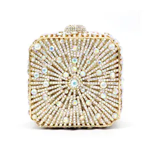 Elegant women evening party small box diamonds luxury clutches vintage pattern square crystal purses Bridal wedding party purses