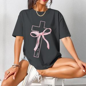 FOXA Christian Cross T-Shirt Women Oversized Pink Bow Graphic <b>Tees</b> John 316 Faith Top Long Length Jersey Cotton - Product Image 5