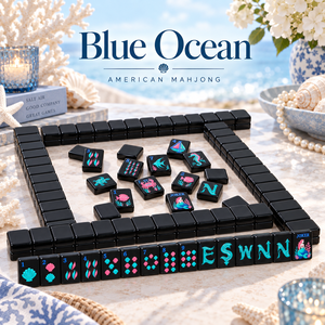 Jeu de tuiles de mahjong élégant en acrylique noir de 160 pièces, motif esthétique Coquillage Océan Bleu et Herbe de mer, pour maison de plage et vacances - Product Image 1