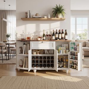 Mueble <span class=keywords><strong>Bar</strong></span> para Café y Vino de Madera con Tomacorriente, Estación de Carga Ajustable, Diseño Industrial, 2 Estantes, Mueble para el Hogar, Estante para Copas de Vino - Product Image 4