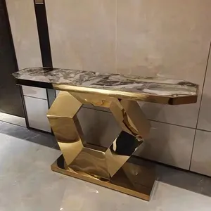 Mesa de canto de luxo em aço inoxidável para decoração de corredor de sala de estar em mármore leve