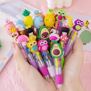 1 pièce tête de dessin animé mignon 4 en 1 Mini stylo à bille couleur 0.5MM papeterie