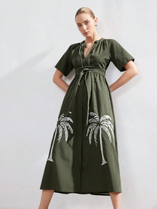 Vestido Casual Maxi de Verano 2025, Elegante, Bordado, Manga Corta, Cintura Natural, Verde Oscuro, 100% Algodón Tejido para Mujer - Product Image 4