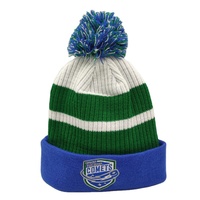 Groothandel op maat gemaakte pomponmuts, acryl jacquard gebreide wintermuts, warme thermische gebreide muts met boord